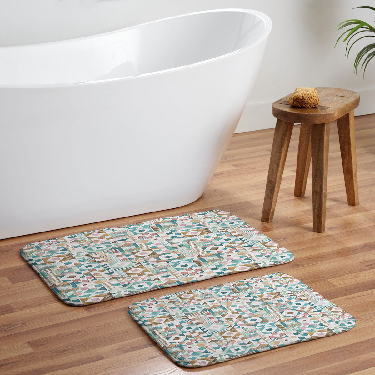 Ninola Design Charming Nostalgia Geometric Tiles Patchwork Aqua Pink Gold Memory Foam Bath Mat