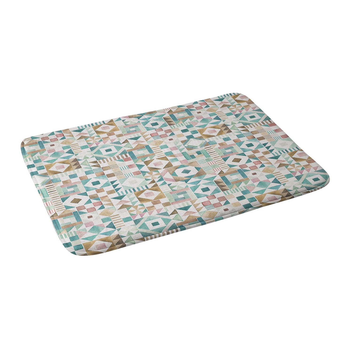 Ninola Design Charming Nostalgia Geometric Tiles Patchwork Aqua Pink Gold Memory Foam Bath Mat