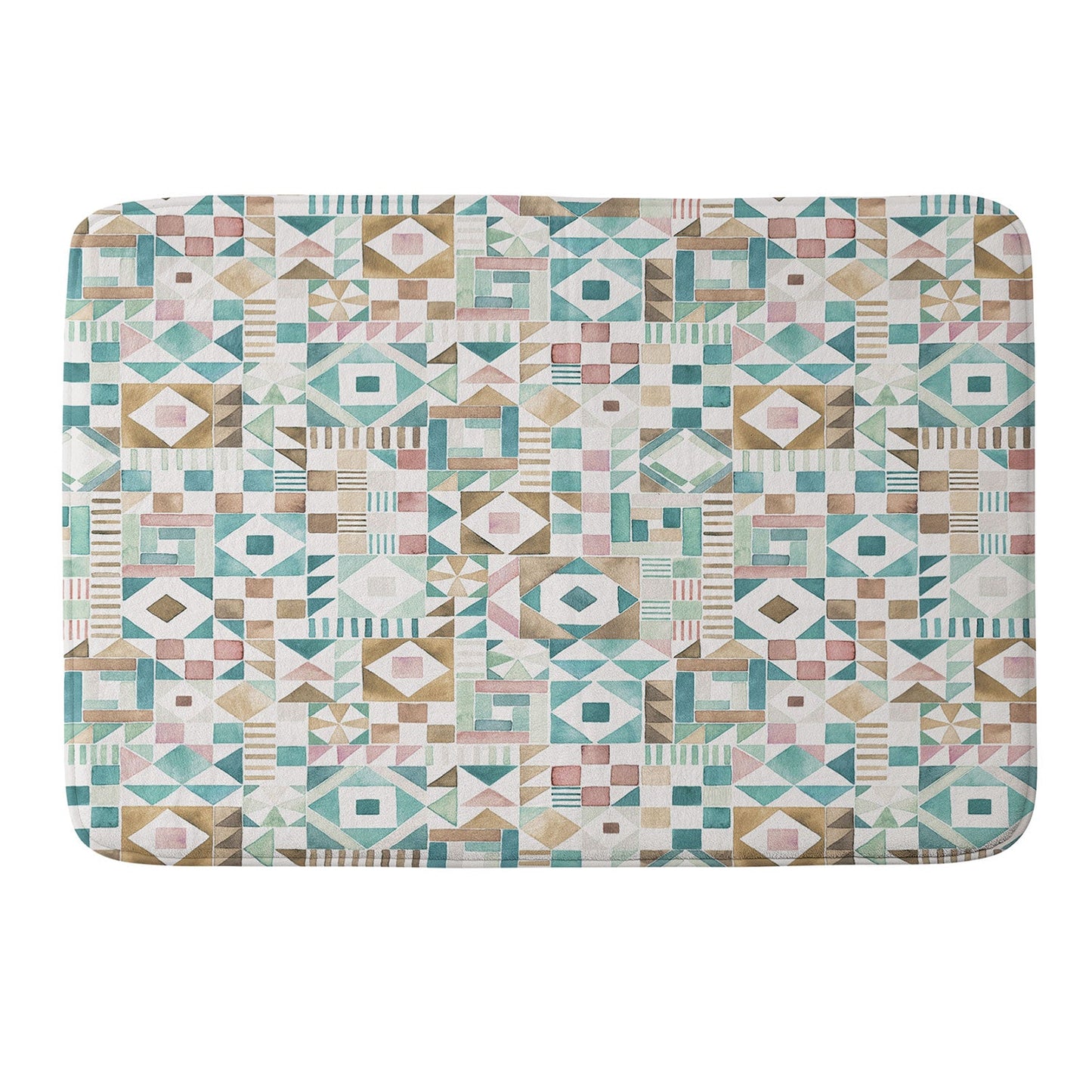 Ninola Design Charming Nostalgia Geometric Tiles Patchwork Aqua Pink Gold Memory Foam Bath Mat