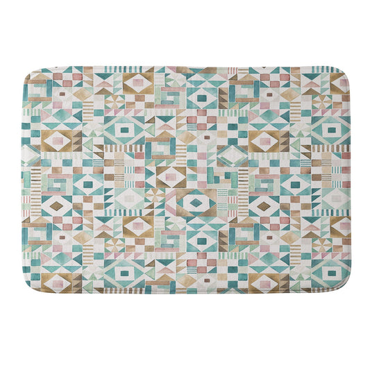 Ninola Design Charming Nostalgia Geometric Tiles Patchwork Aqua Pink Gold Memory Foam Bath Mat