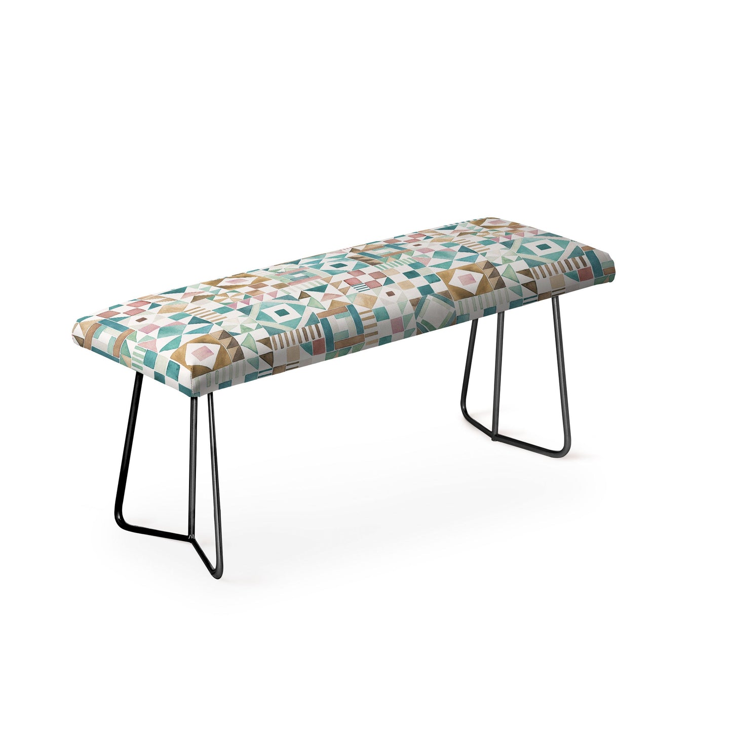 Ninola Design Charming Nostalgia Geometric Tiles Patchwork Aqua Pink Gold Bench