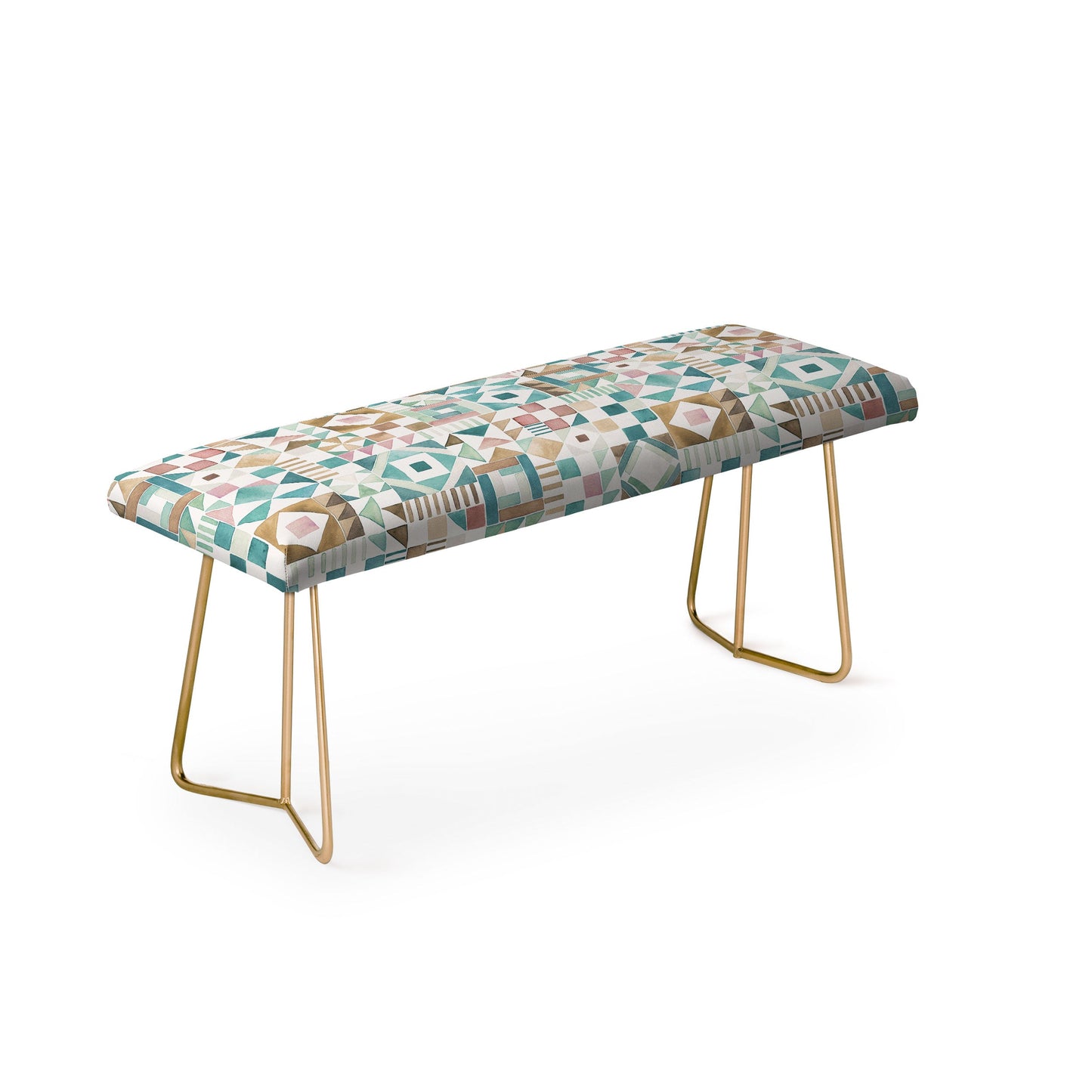 Ninola Design Charming Nostalgia Geometric Tiles Patchwork Aqua Pink Gold Bench