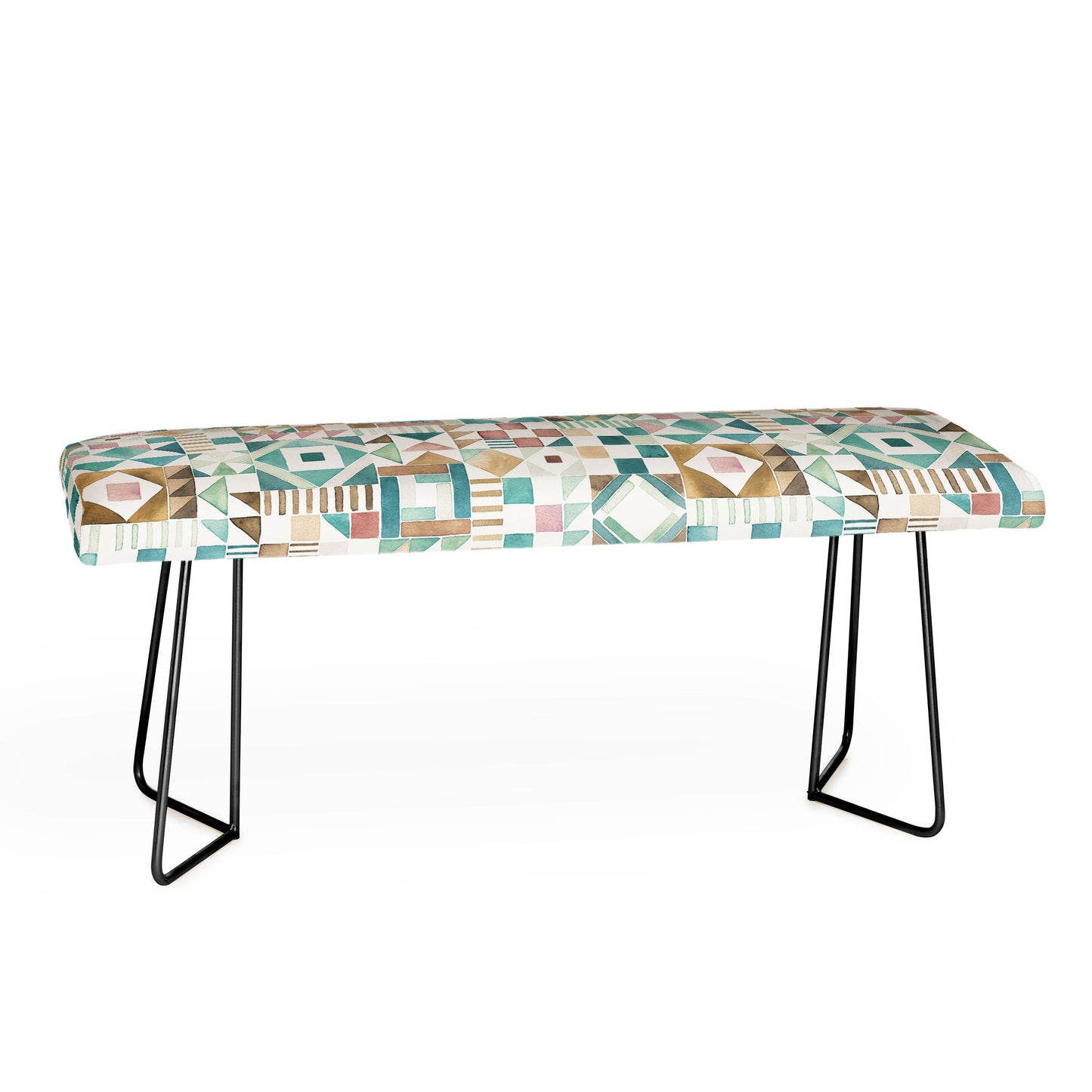 Ninola Design Charming Nostalgia Geometric Tiles Patchwork Aqua Pink Gold Bench