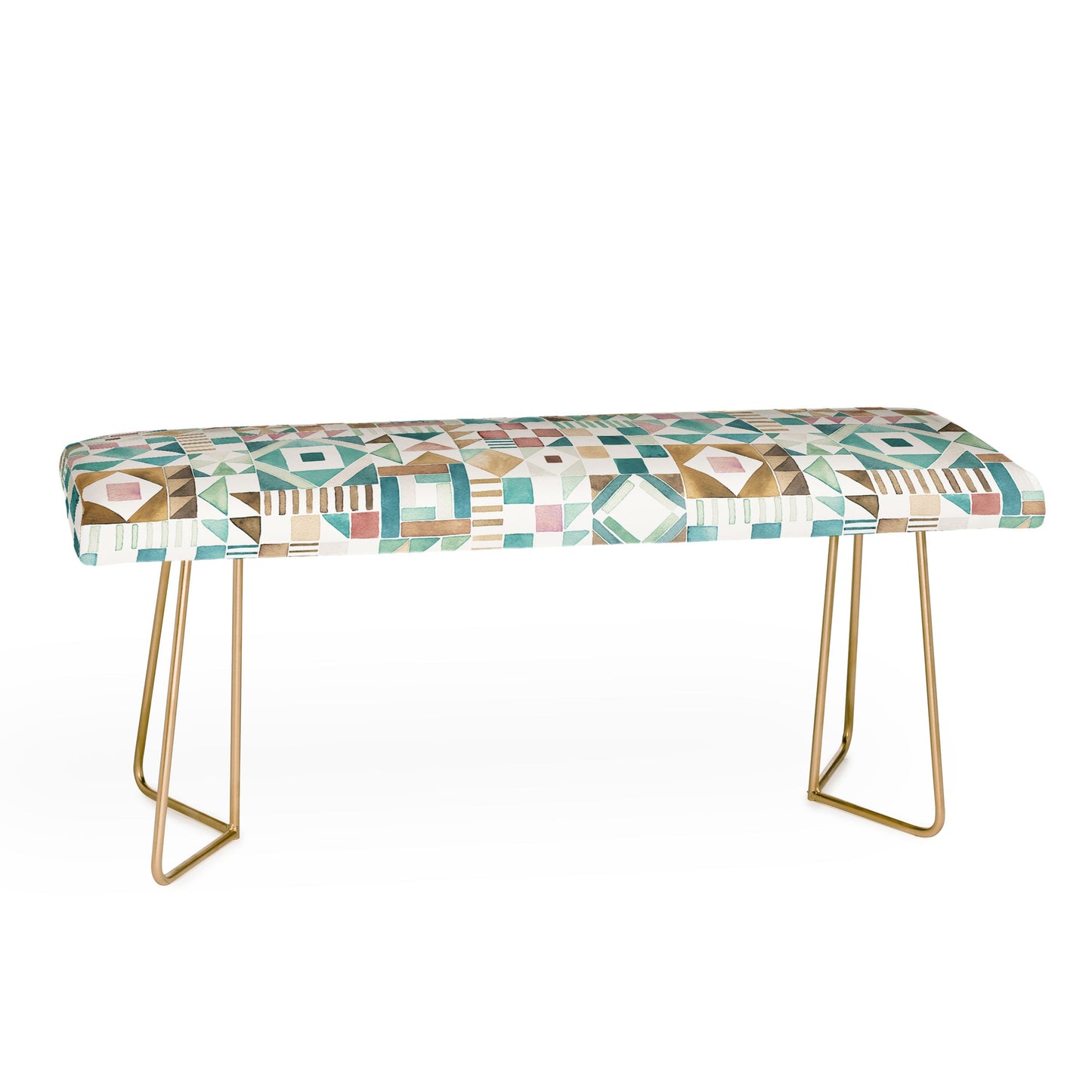 Ninola Design Charming Nostalgia Geometric Tiles Patchwork Aqua Pink Gold Bench
