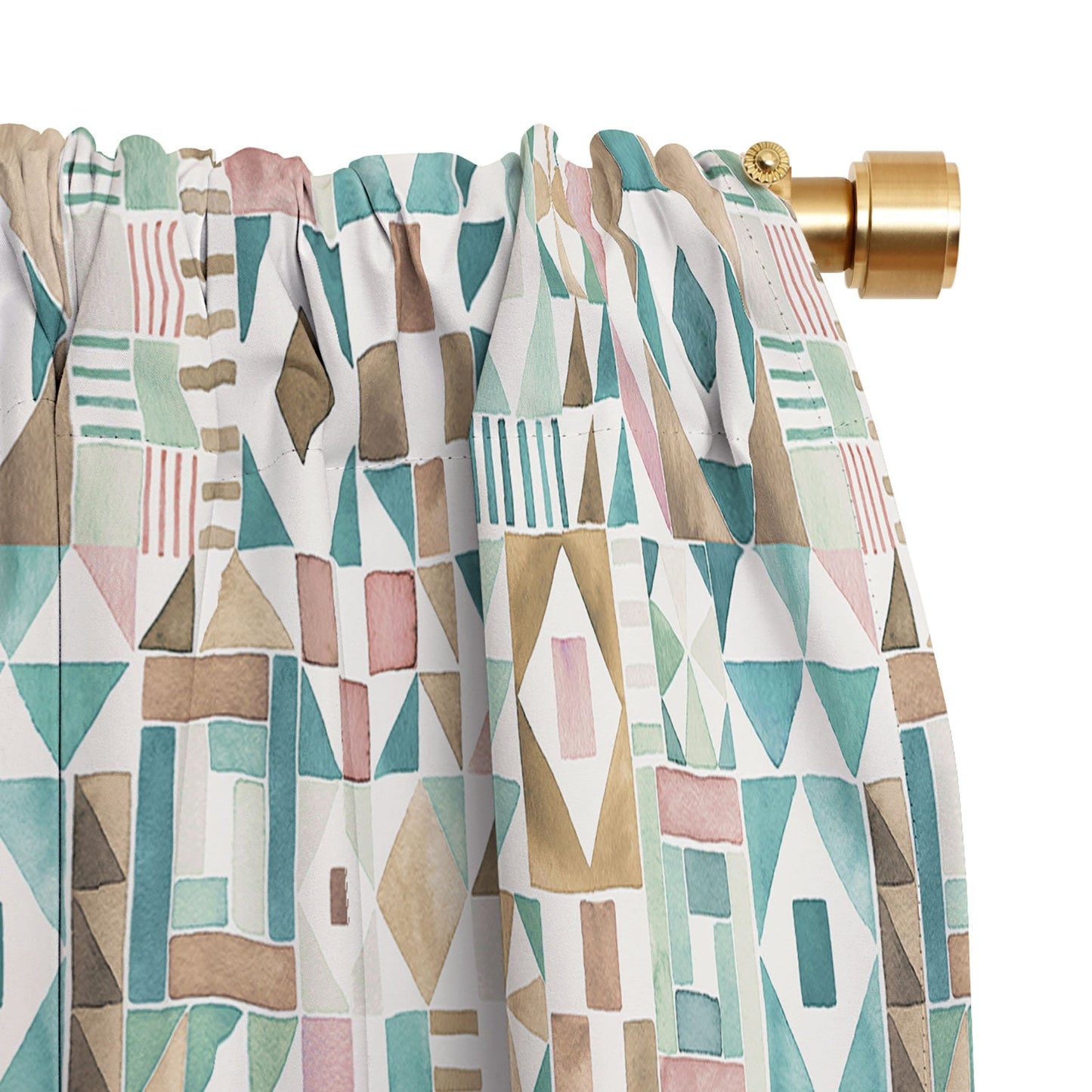 Ninola Design Charming Nostalgia Geometric Tiles Patchwork Aqua Pink Gold Blackout Window Curtain