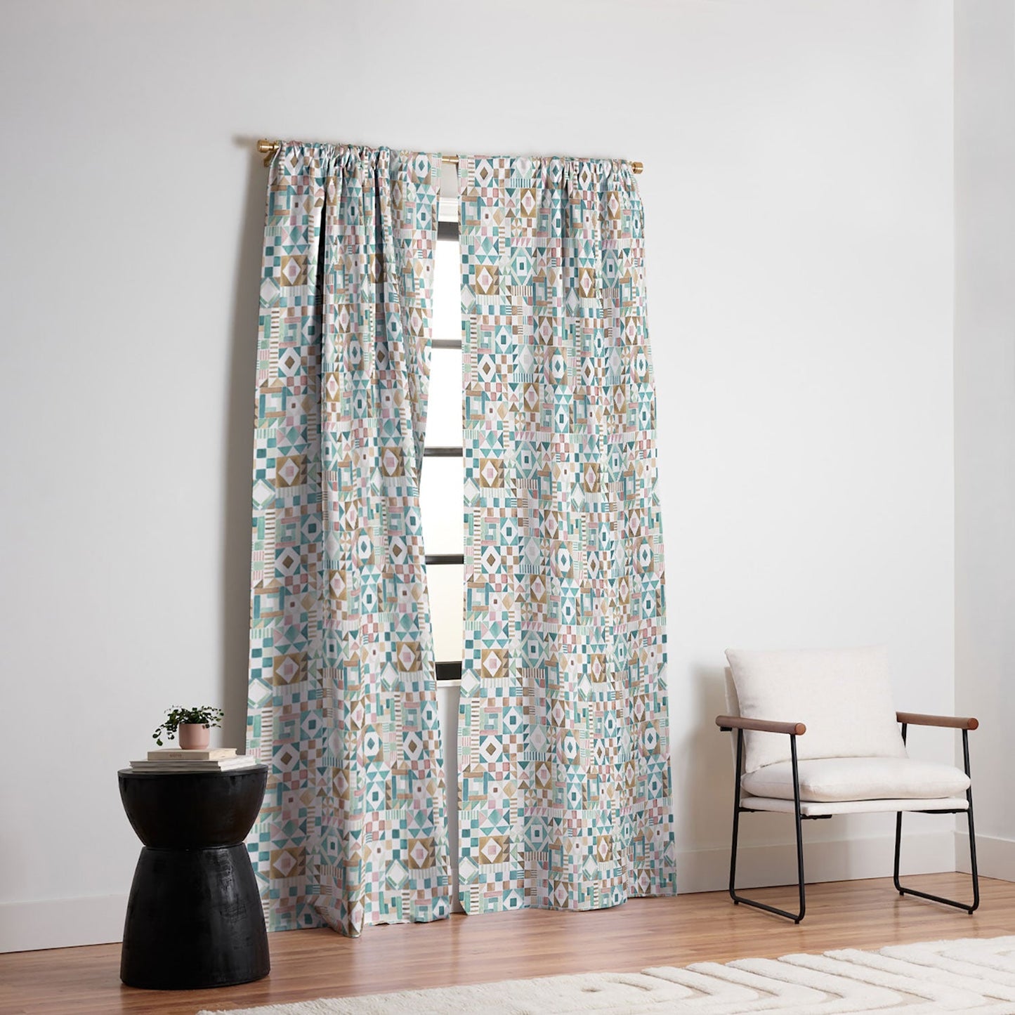 Ninola Design Charming Nostalgia Geometric Tiles Patchwork Aqua Pink Gold Blackout Window Curtain