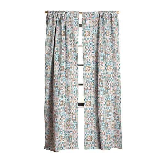 Ninola Design Charming Nostalgia Geometric Tiles Patchwork Aqua Pink Gold Blackout Window Curtain