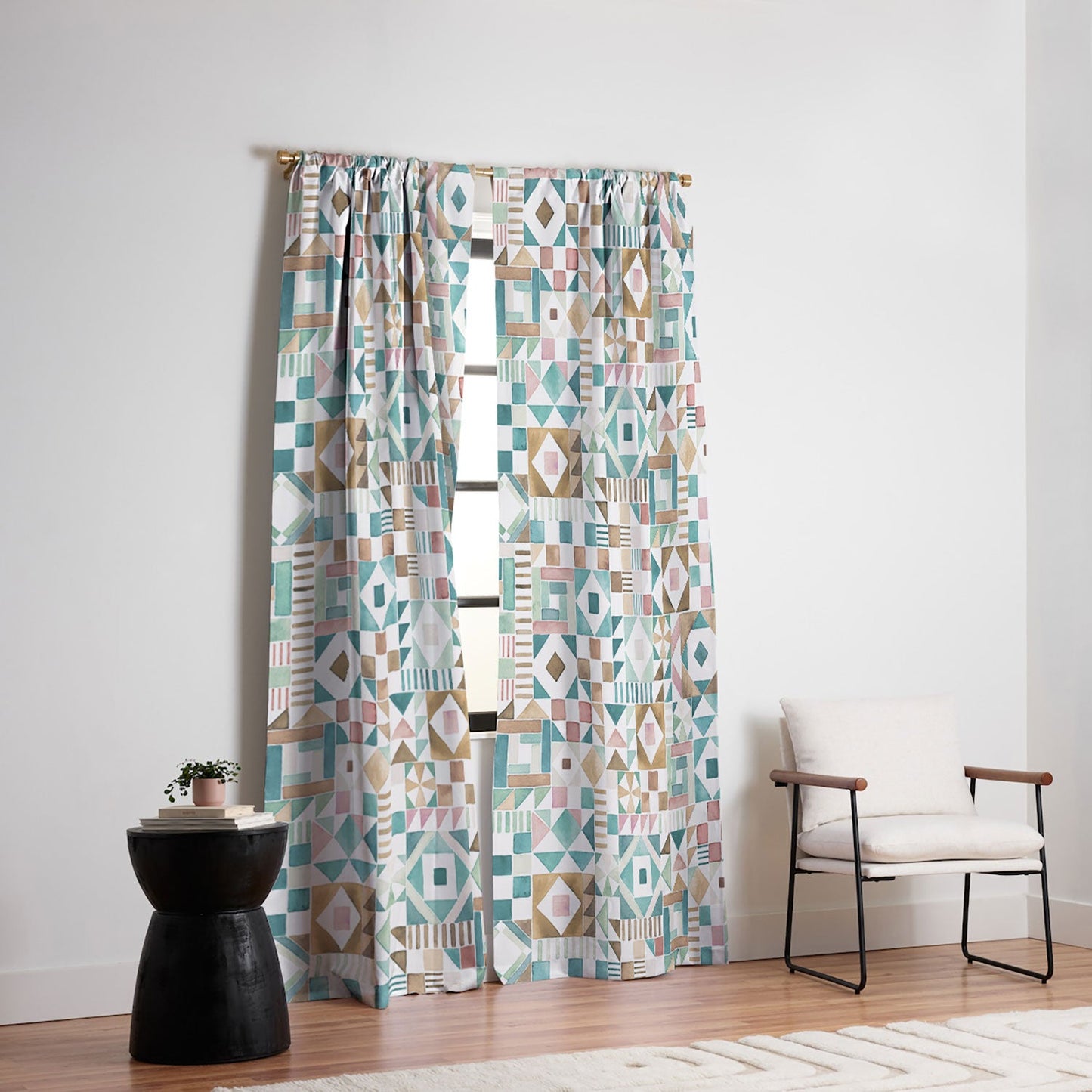 Ninola Design Charming Nostalgia Geometric Tiles Patchwork Aqua Pink Gold Blackout Non Repeat