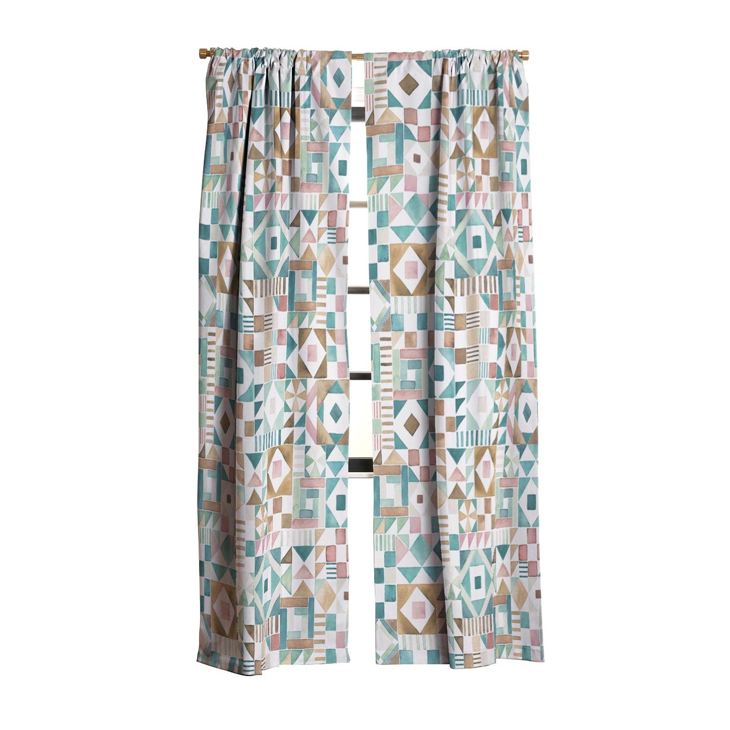 Ninola Design Charming Nostalgia Geometric Tiles Patchwork Aqua Pink Gold Blackout Non Repeat