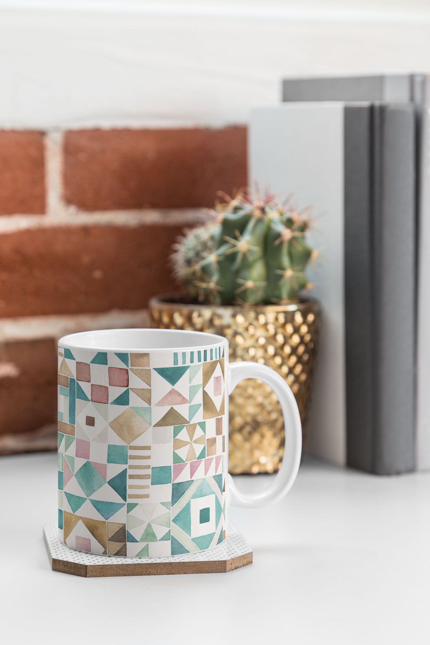 Ninola Design Charming Nostalgia Geometric Tiles Patchwork Aqua Pink Gold Coffee Mug