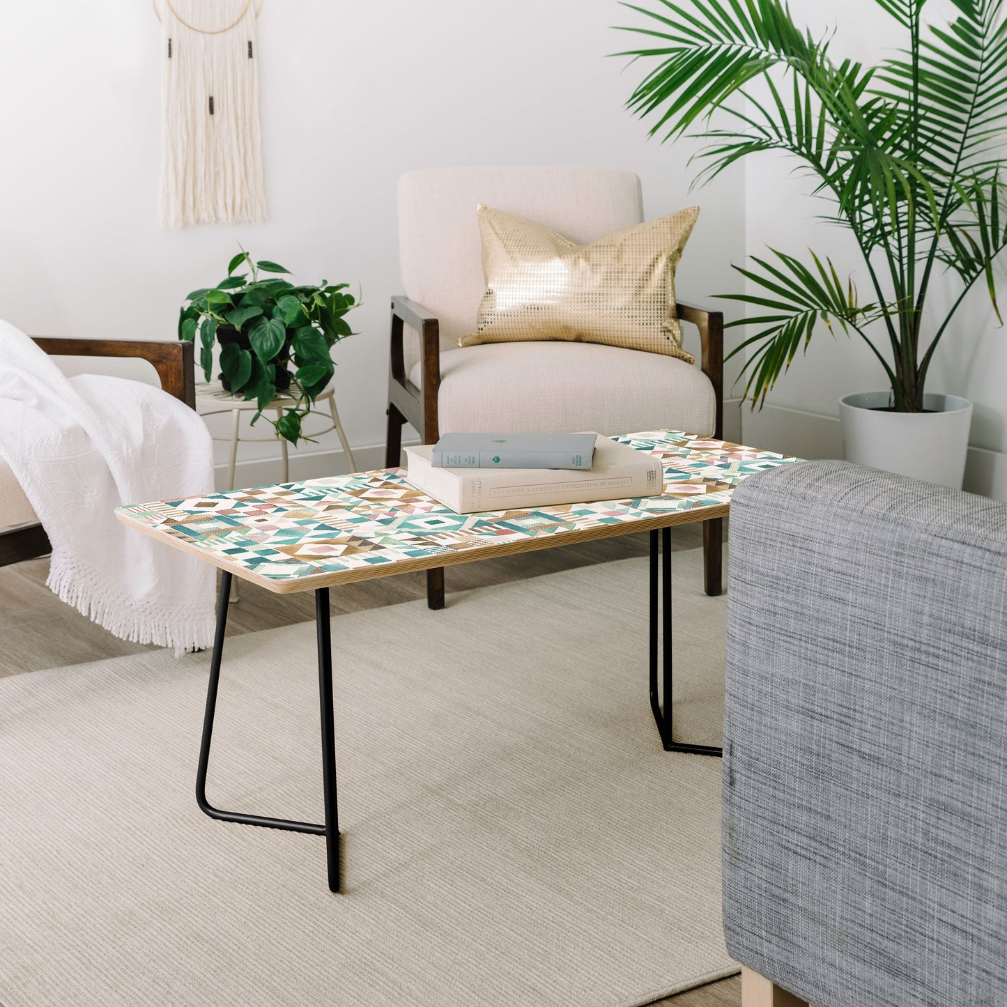 Ninola Design Charming Nostalgia Geometric Tiles Patchwork Aqua Pink Gold Coffee Table