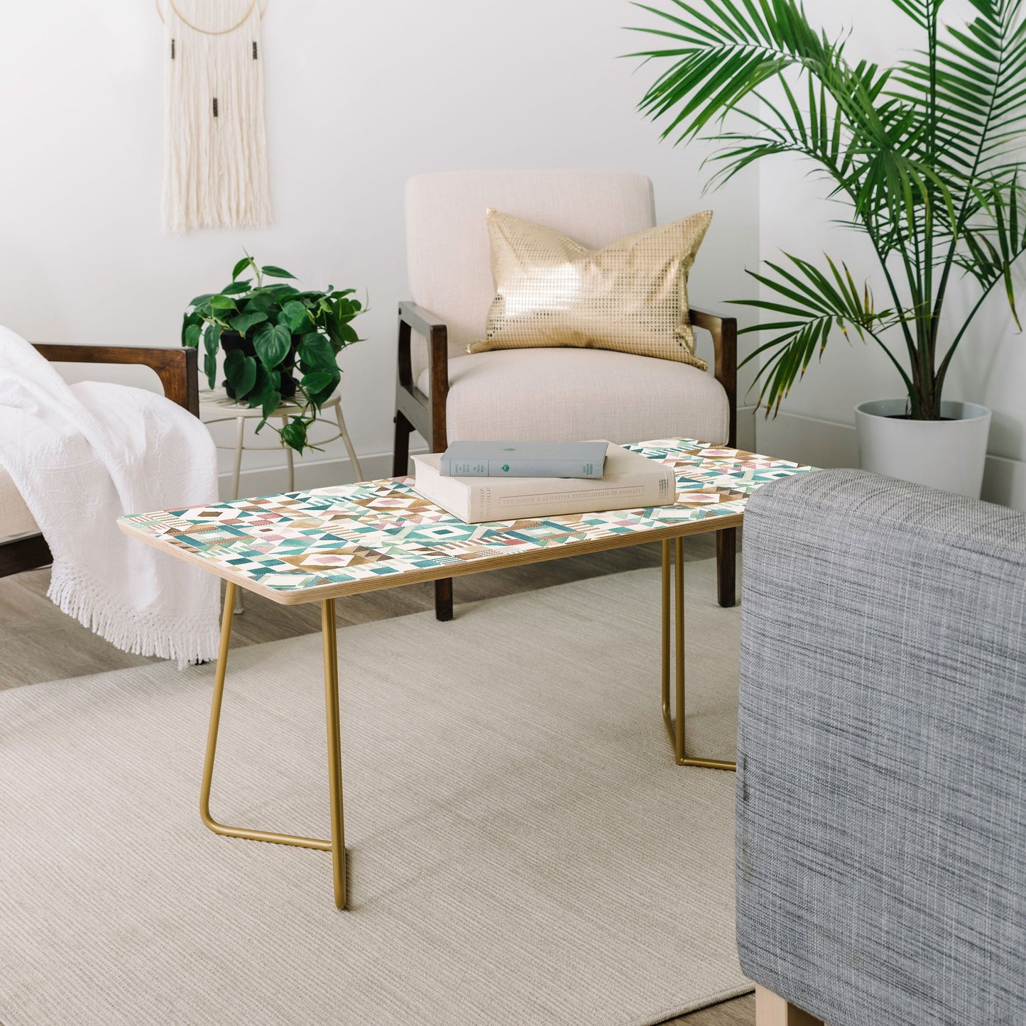 Ninola Design Charming Nostalgia Geometric Tiles Patchwork Aqua Pink Gold Coffee Table