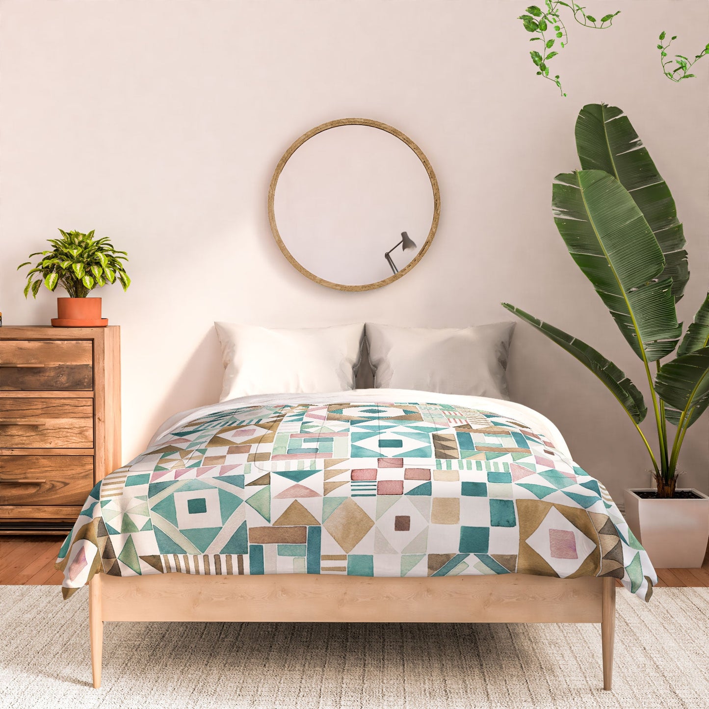 Ninola Design Charming Nostalgia Geometric Tiles Patchwork Aqua Pink Gold Comforter