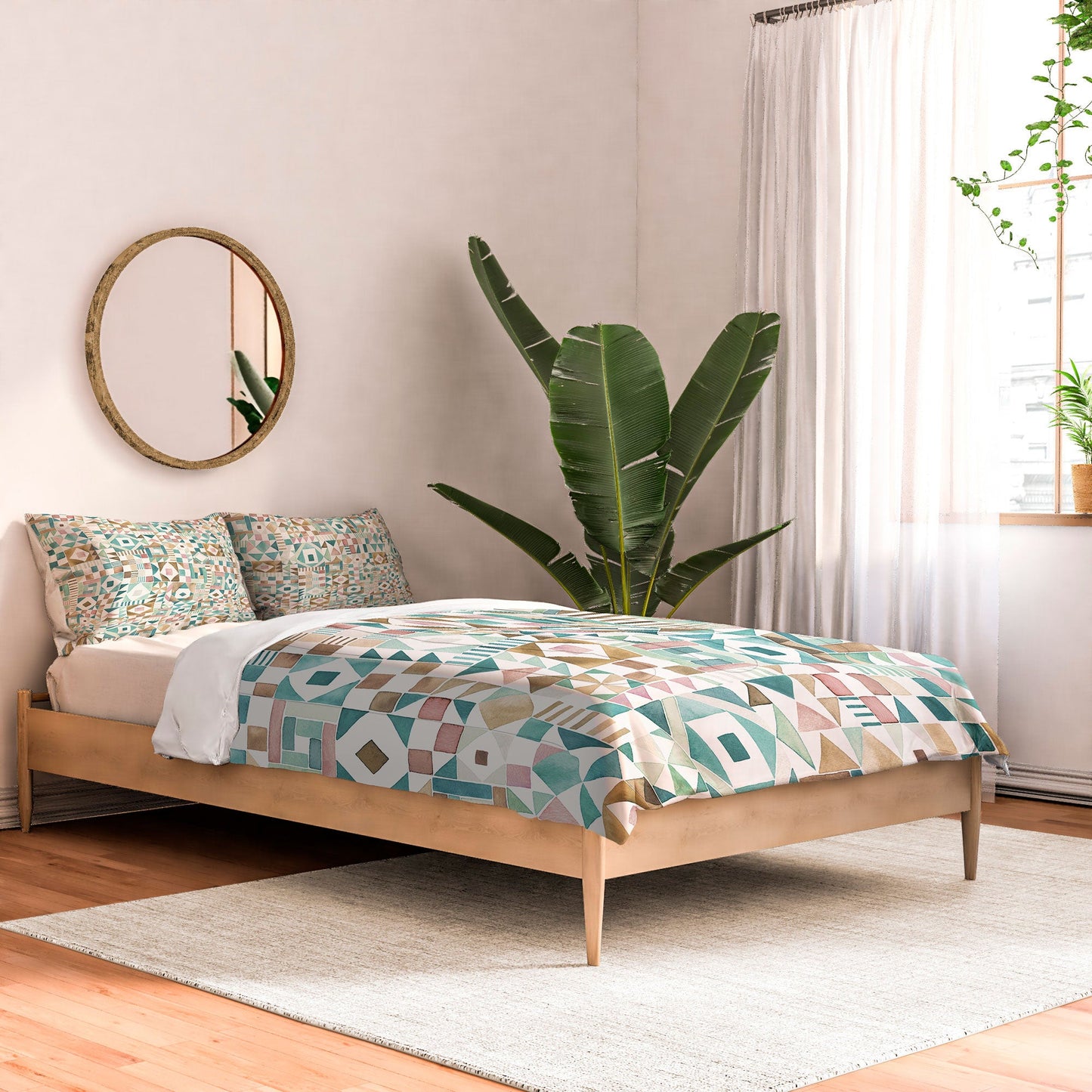 Ninola Design Charming Nostalgia Geometric Tiles Patchwork Aqua Pink Gold Comforter