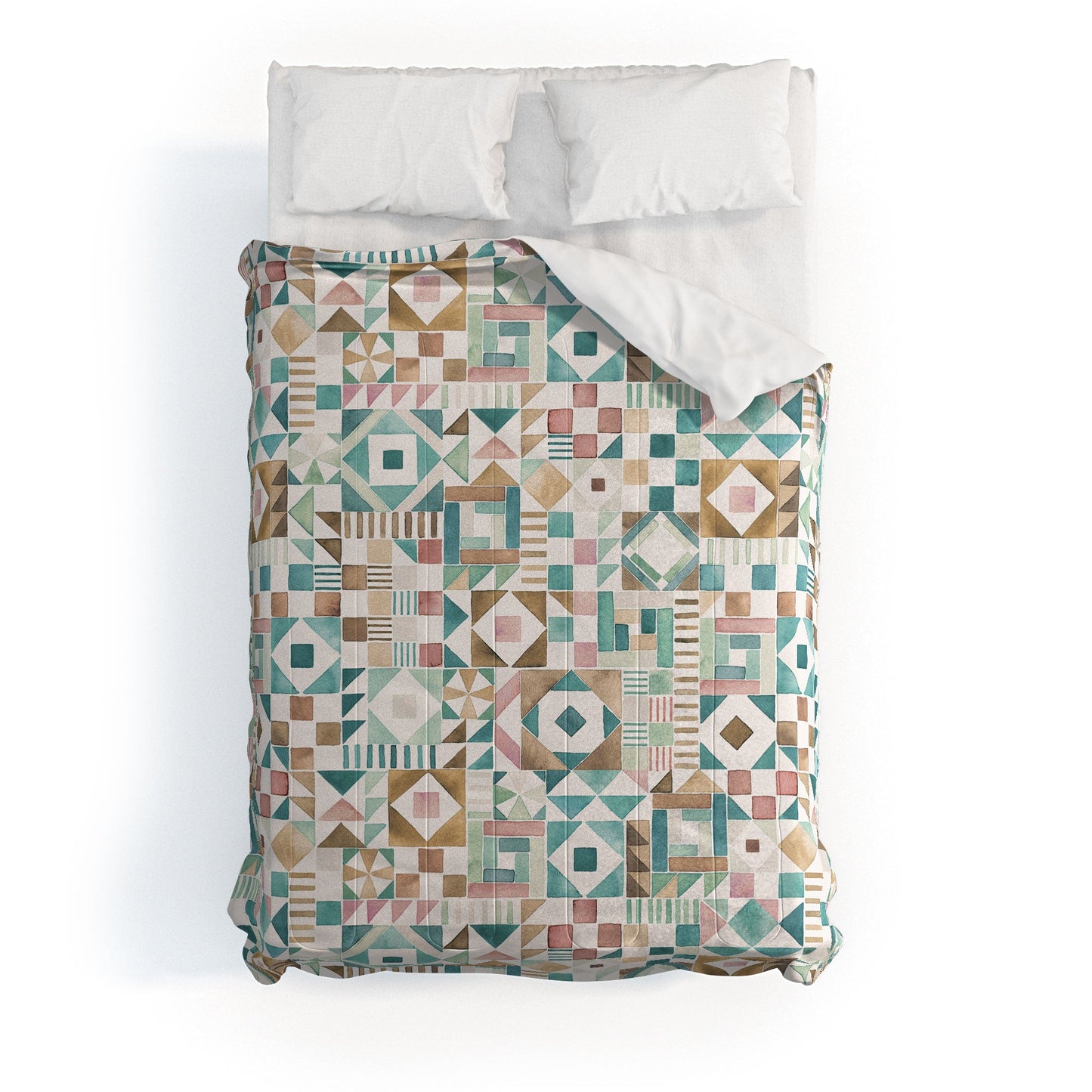 Ninola Design Charming Nostalgia Geometric Tiles Patchwork Aqua Pink Gold Comforter