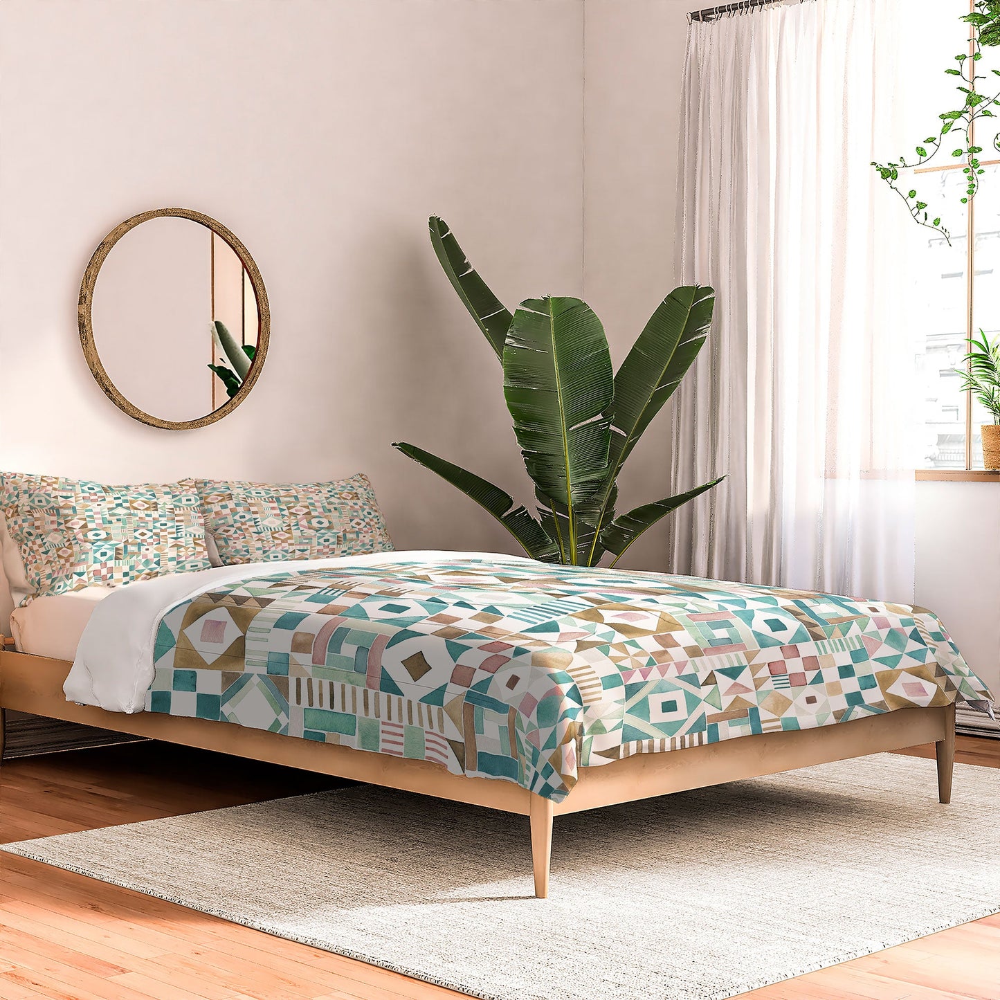 Ninola Design Charming Nostalgia Geometric Tiles Patchwork Aqua Pink Gold Comforter