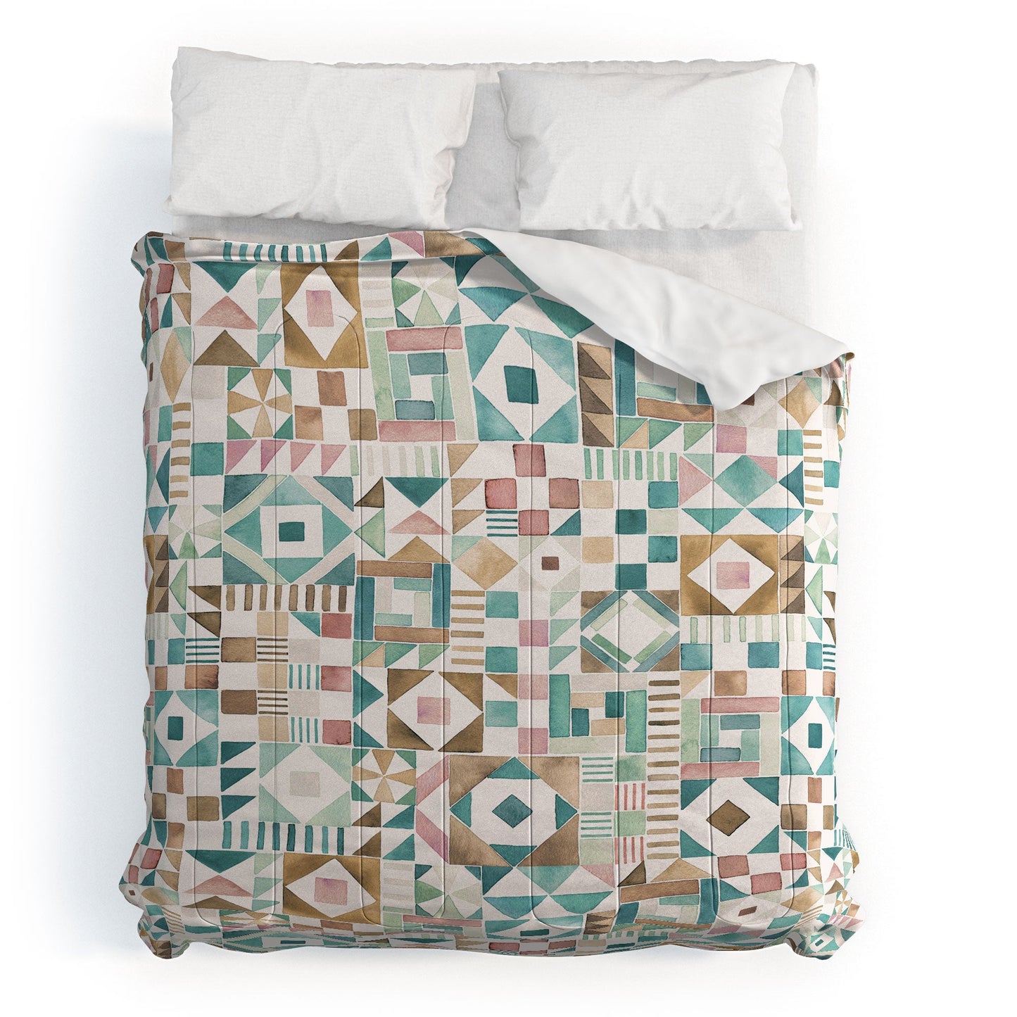 Ninola Design Charming Nostalgia Geometric Tiles Patchwork Aqua Pink Gold Comforter