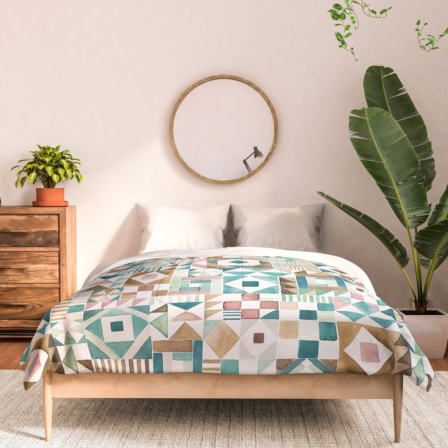 Ninola Design Charming Nostalgia Geometric Tiles Patchwork Aqua Pink Gold Comforter