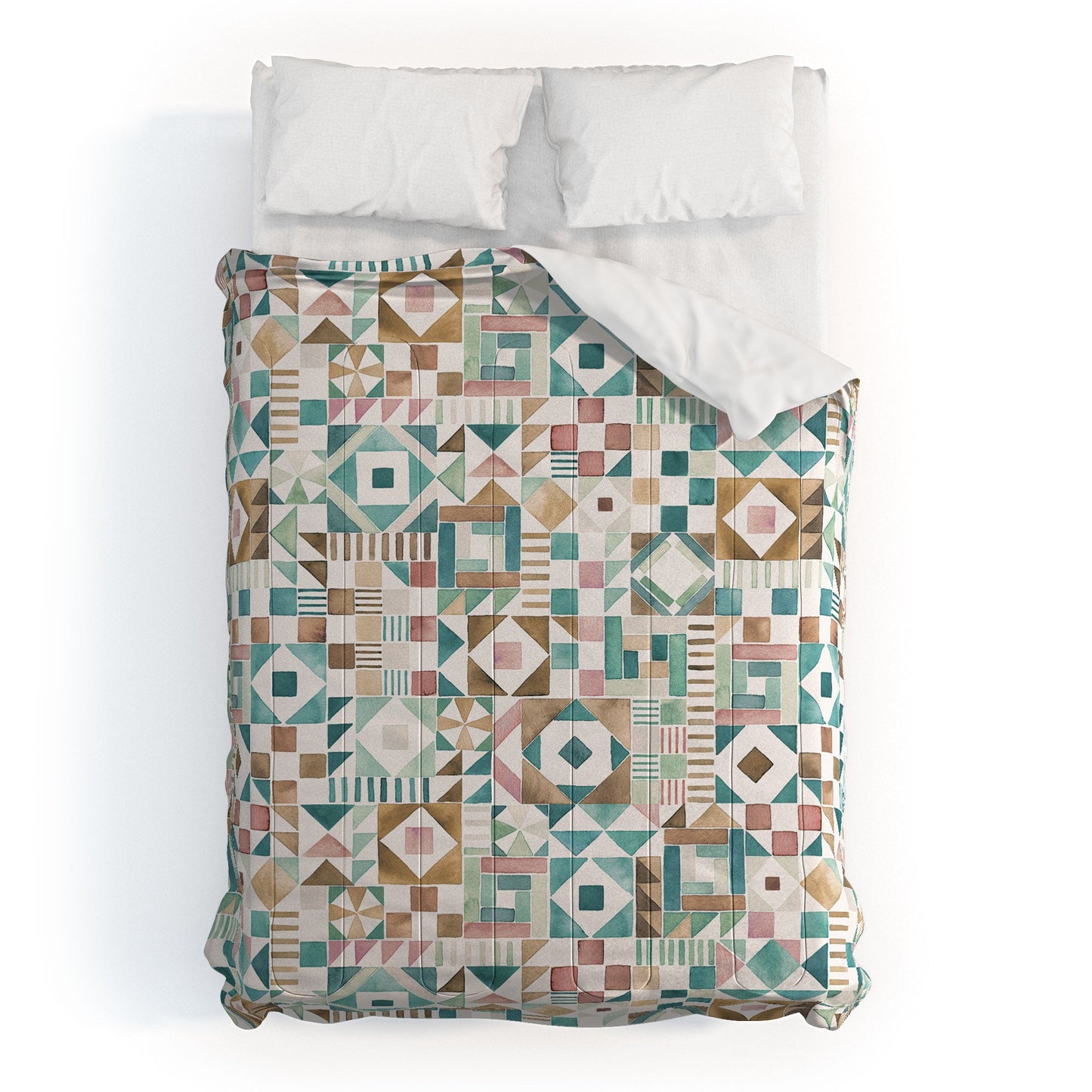 Ninola Design Charming Nostalgia Geometric Tiles Patchwork Aqua Pink Gold Comforter