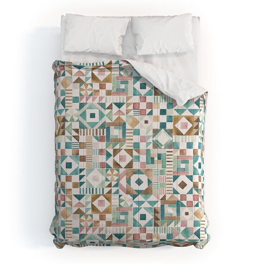 Ninola Design Charming Nostalgia Geometric Tiles Patchwork Aqua Pink Gold Comforter
