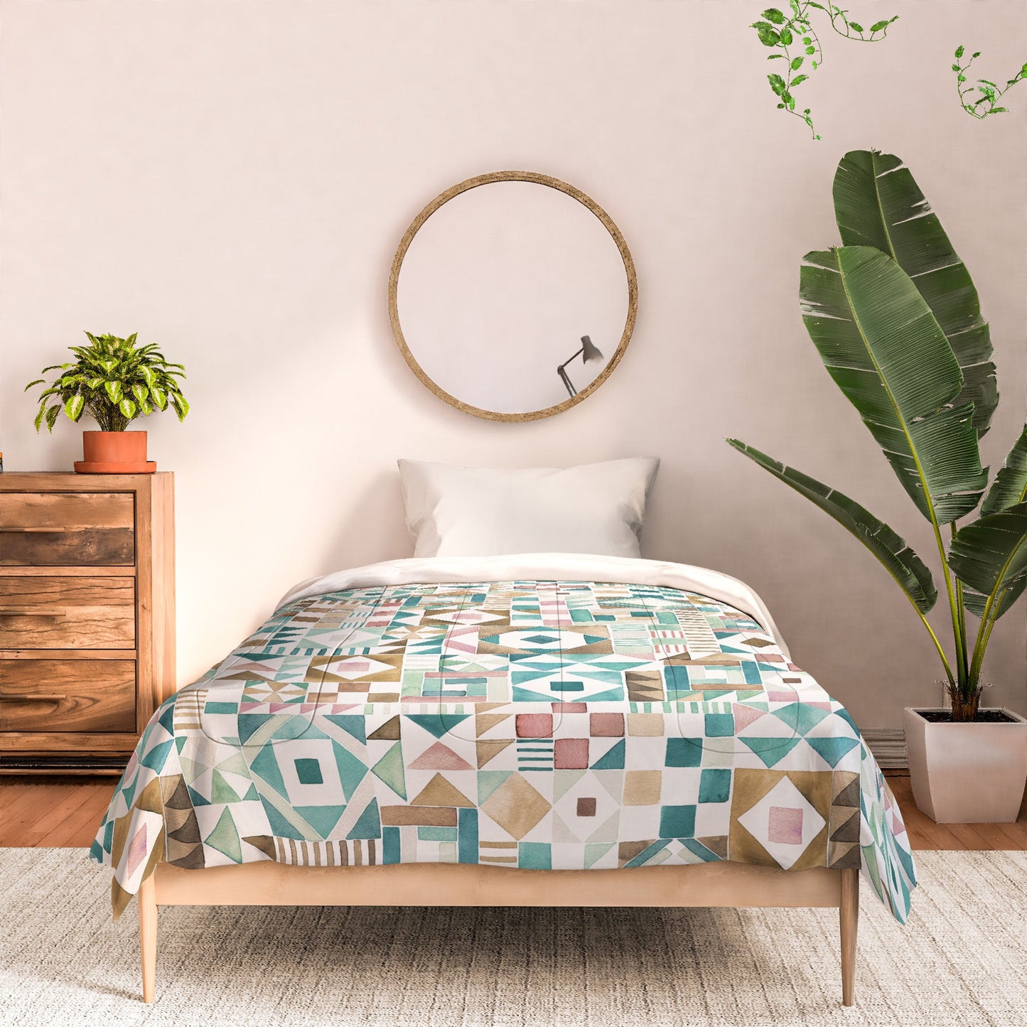 Ninola Design Charming Nostalgia Geometric Tiles Patchwork Aqua Pink Gold Comforter