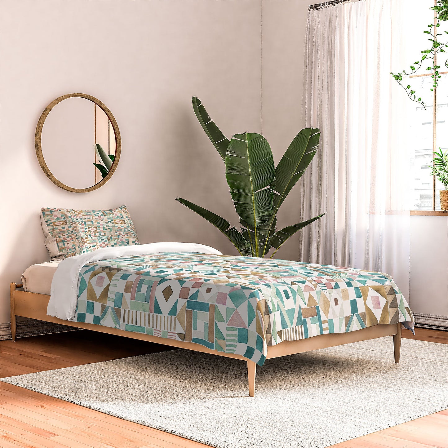 Ninola Design Charming Nostalgia Geometric Tiles Patchwork Aqua Pink Gold Comforter