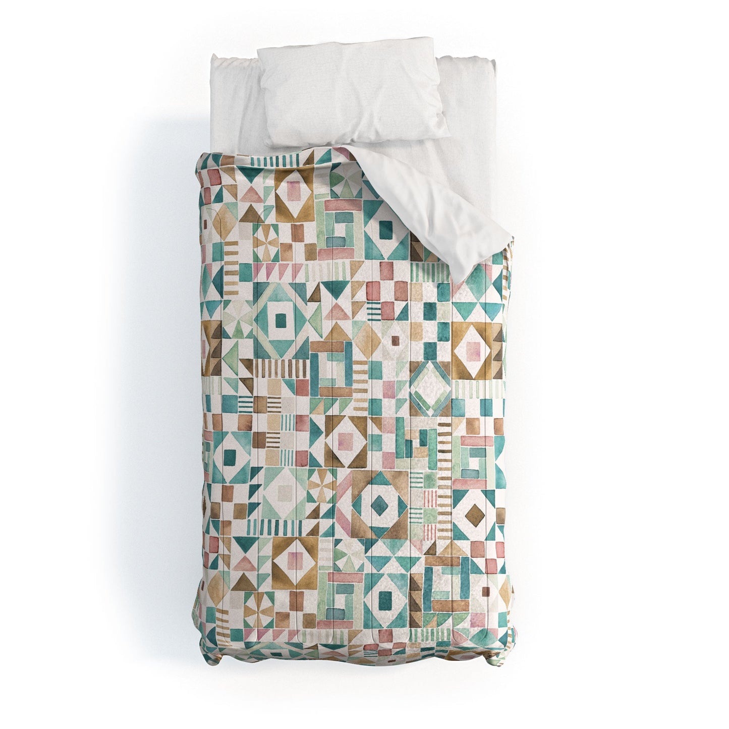 Ninola Design Charming Nostalgia Geometric Tiles Patchwork Aqua Pink Gold Comforter