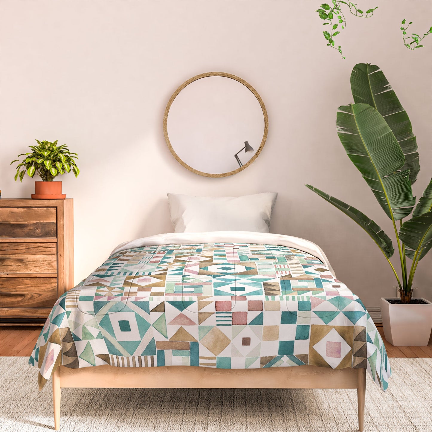 Ninola Design Charming Nostalgia Geometric Tiles Patchwork Aqua Pink Gold Comforter