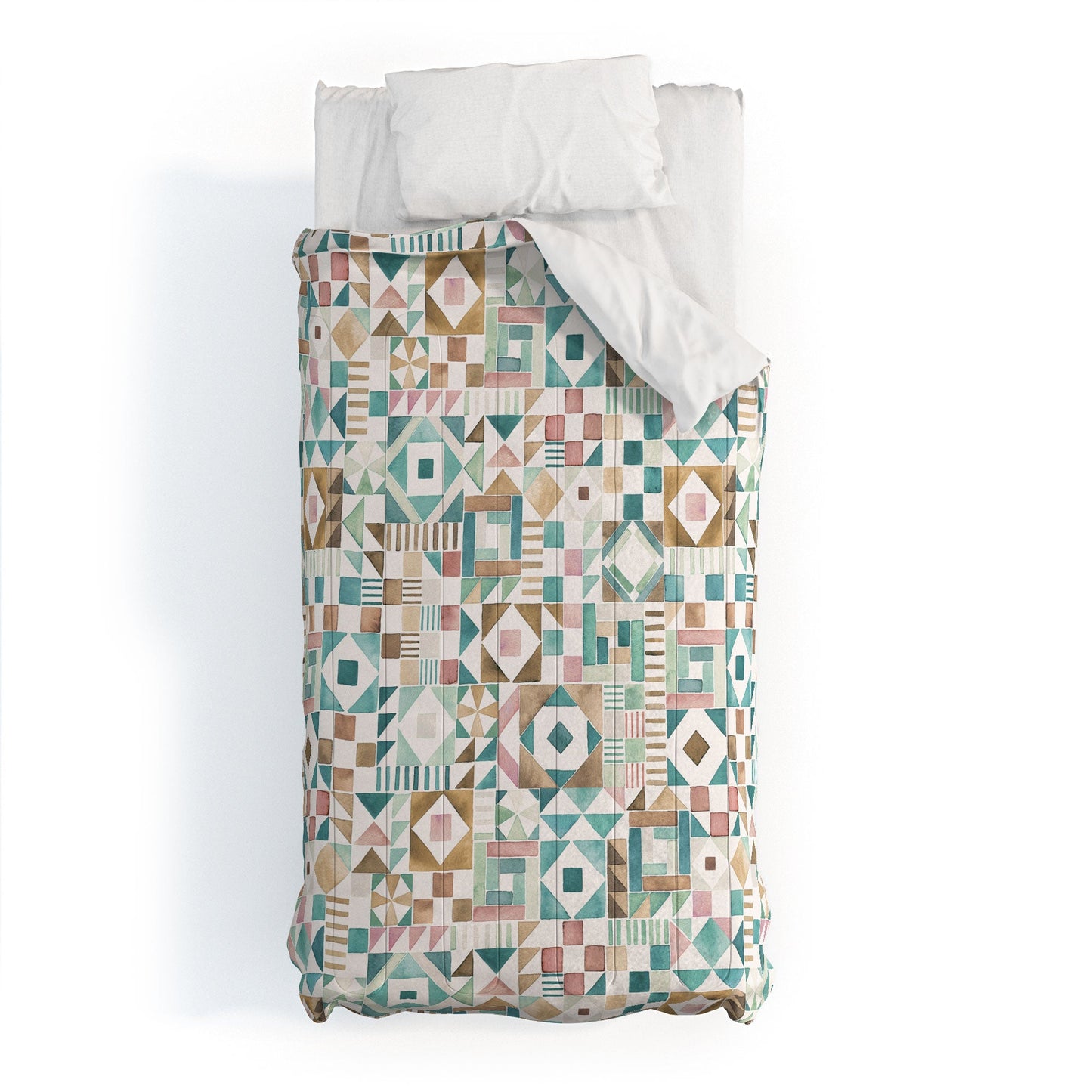 Ninola Design Charming Nostalgia Geometric Tiles Patchwork Aqua Pink Gold Comforter