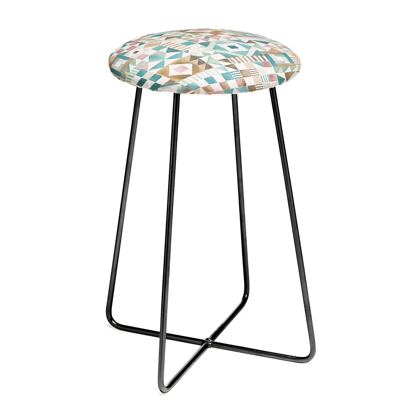Ninola Design Charming Nostalgia Geometric Tiles Patchwork Aqua Pink Gold Counter Stool