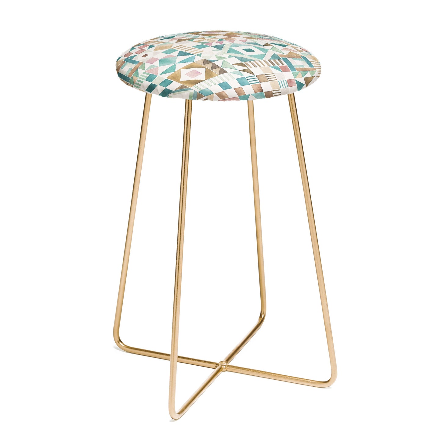 Ninola Design Charming Nostalgia Geometric Tiles Patchwork Aqua Pink Gold Counter Stool