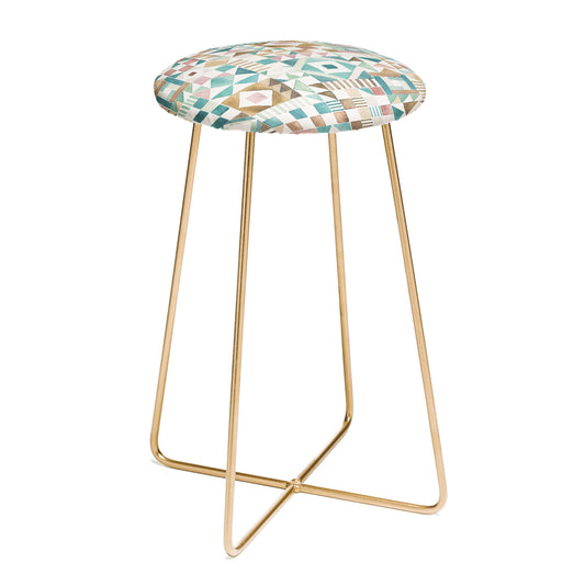 Ninola Design Charming Nostalgia Geometric Tiles Patchwork Aqua Pink Gold Counter Stool