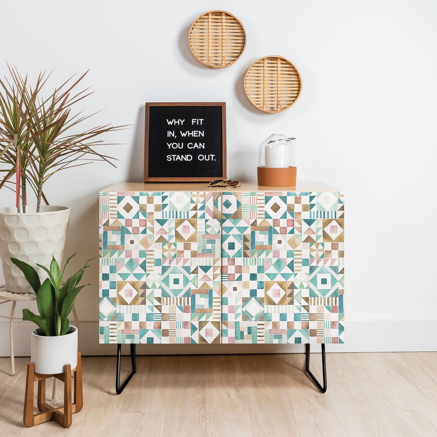 Ninola Design Charming Nostalgia Geometric Tiles Patchwork Aqua Pink Gold Credenza