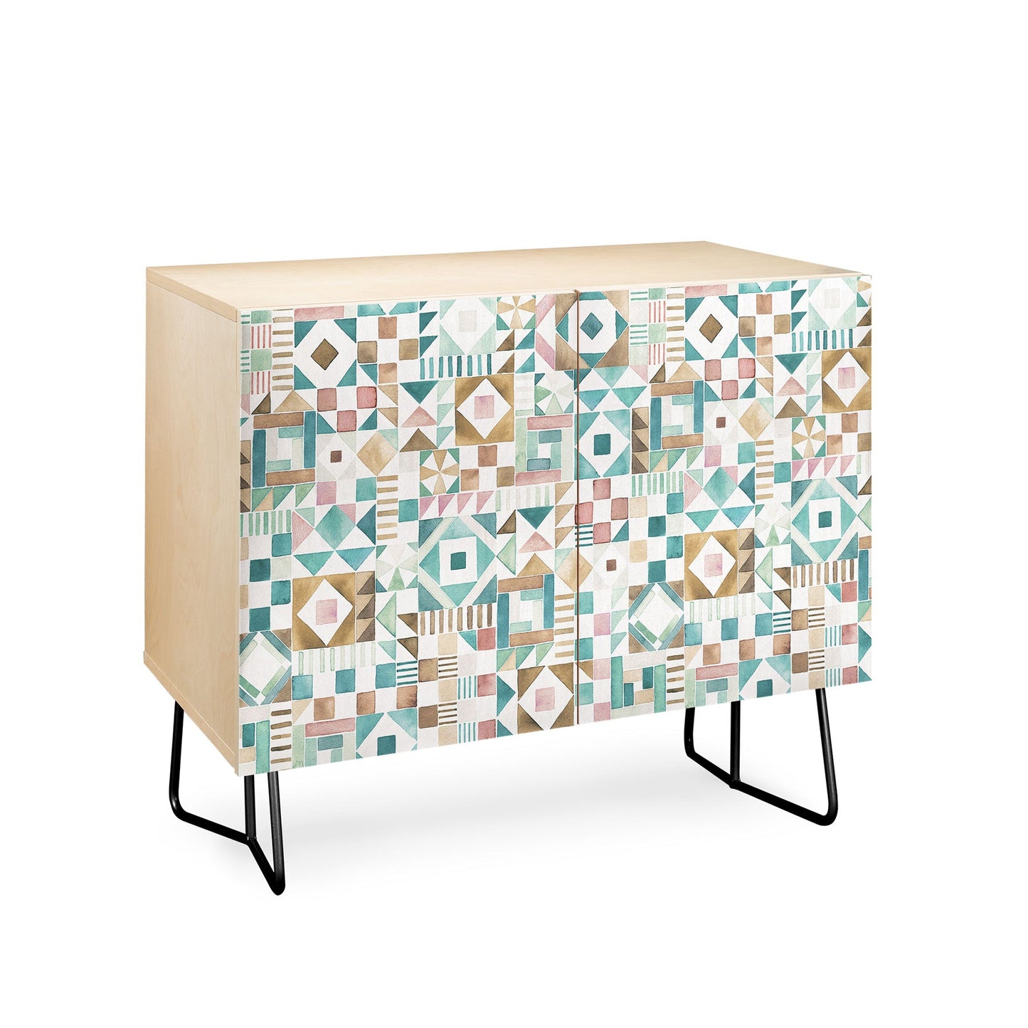 Ninola Design Charming Nostalgia Geometric Tiles Patchwork Aqua Pink Gold Credenza