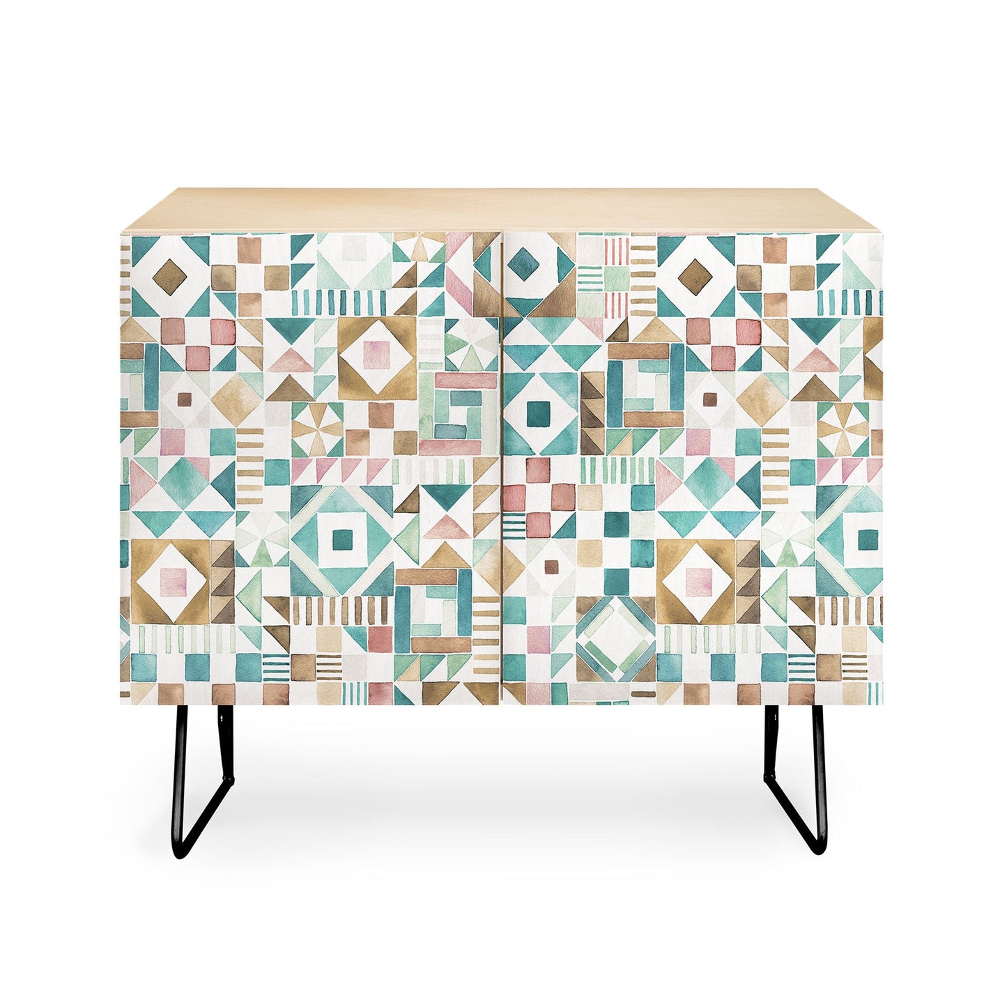 Ninola Design Charming Nostalgia Geometric Tiles Patchwork Aqua Pink Gold Credenza