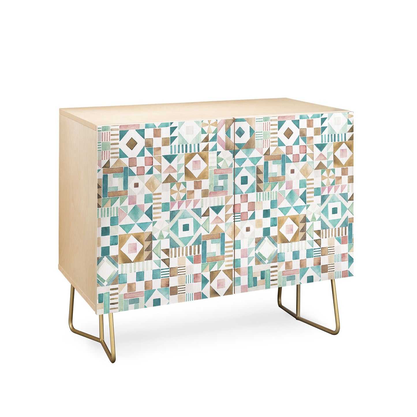 Ninola Design Charming Nostalgia Geometric Tiles Patchwork Aqua Pink Gold Credenza