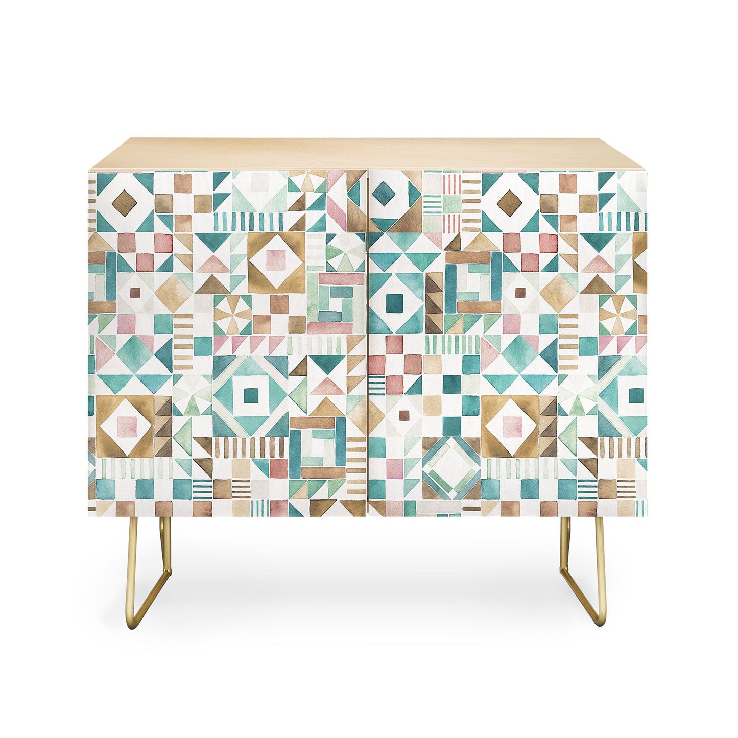 Ninola Design Charming Nostalgia Geometric Tiles Patchwork Aqua Pink Gold Credenza