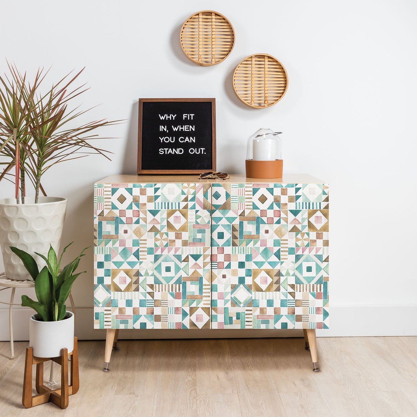 Ninola Design Charming Nostalgia Geometric Tiles Patchwork Aqua Pink Gold Credenza