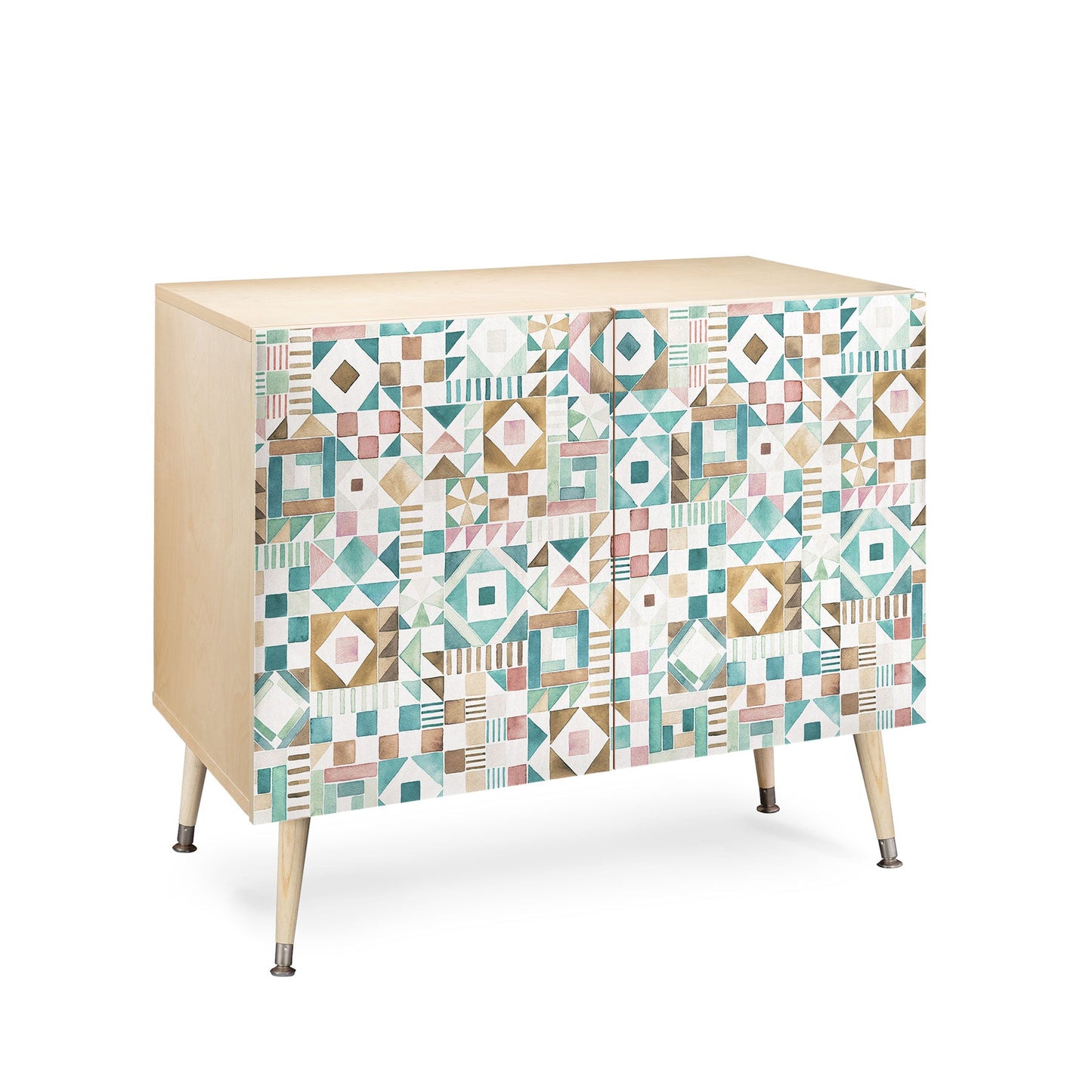 Ninola Design Charming Nostalgia Geometric Tiles Patchwork Aqua Pink Gold Credenza