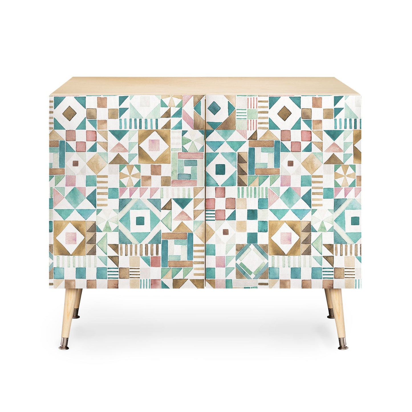 Ninola Design Charming Nostalgia Geometric Tiles Patchwork Aqua Pink Gold Credenza