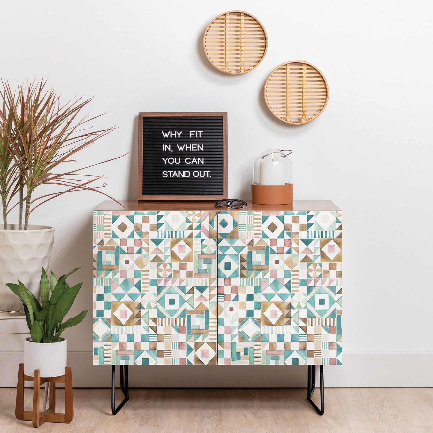 Ninola Design Charming Nostalgia Geometric Tiles Patchwork Aqua Pink Gold Credenza