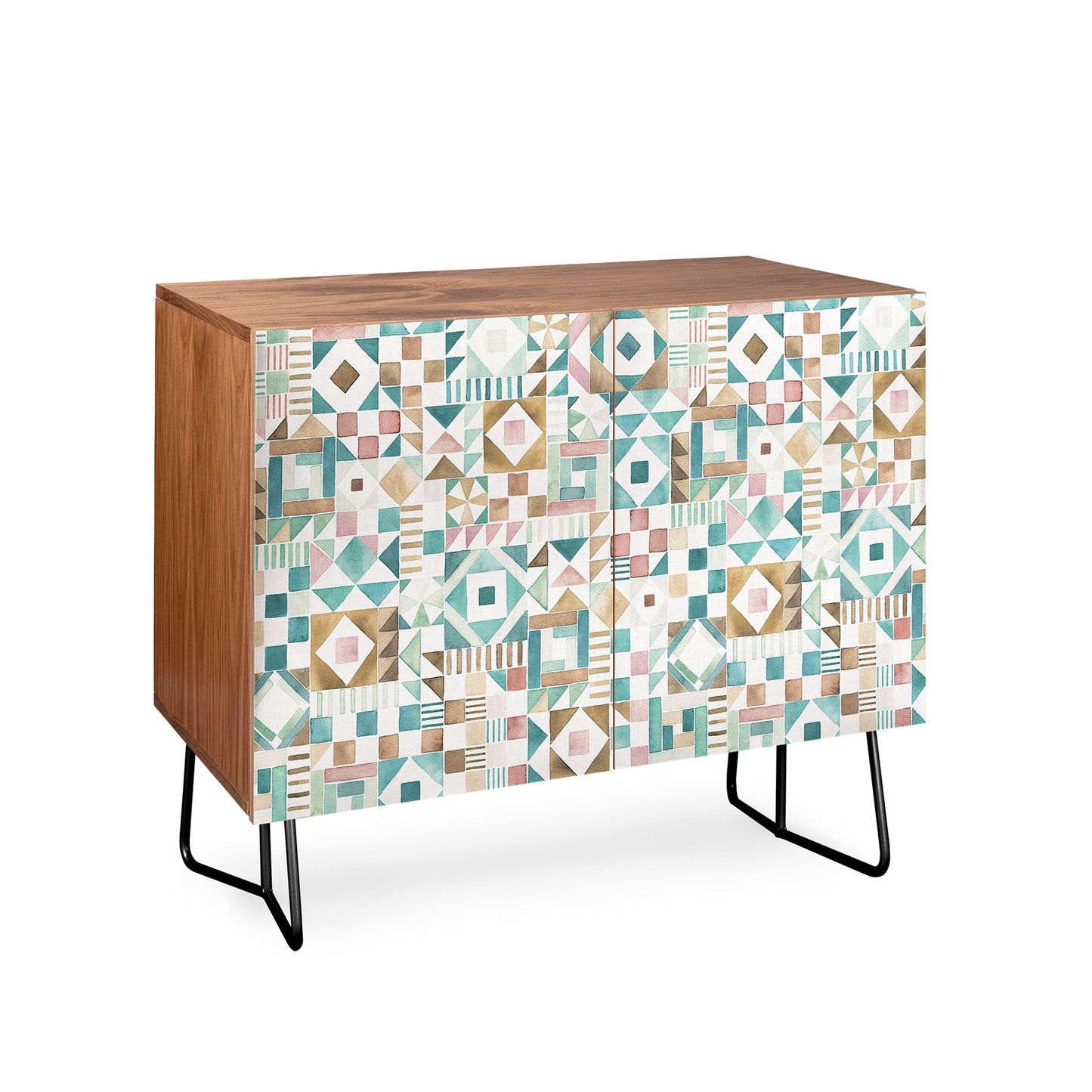 Ninola Design Charming Nostalgia Geometric Tiles Patchwork Aqua Pink Gold Credenza