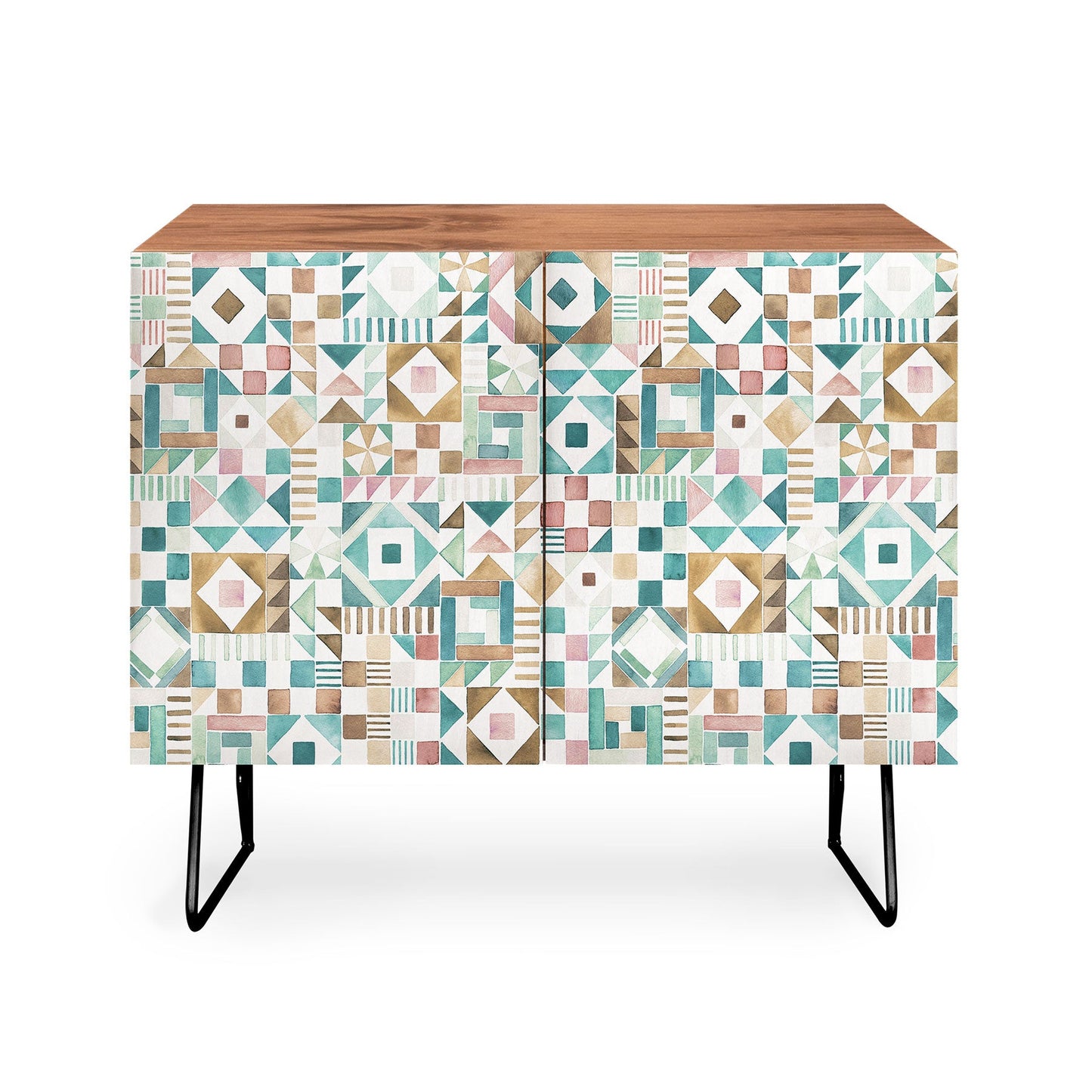 Ninola Design Charming Nostalgia Geometric Tiles Patchwork Aqua Pink Gold Credenza