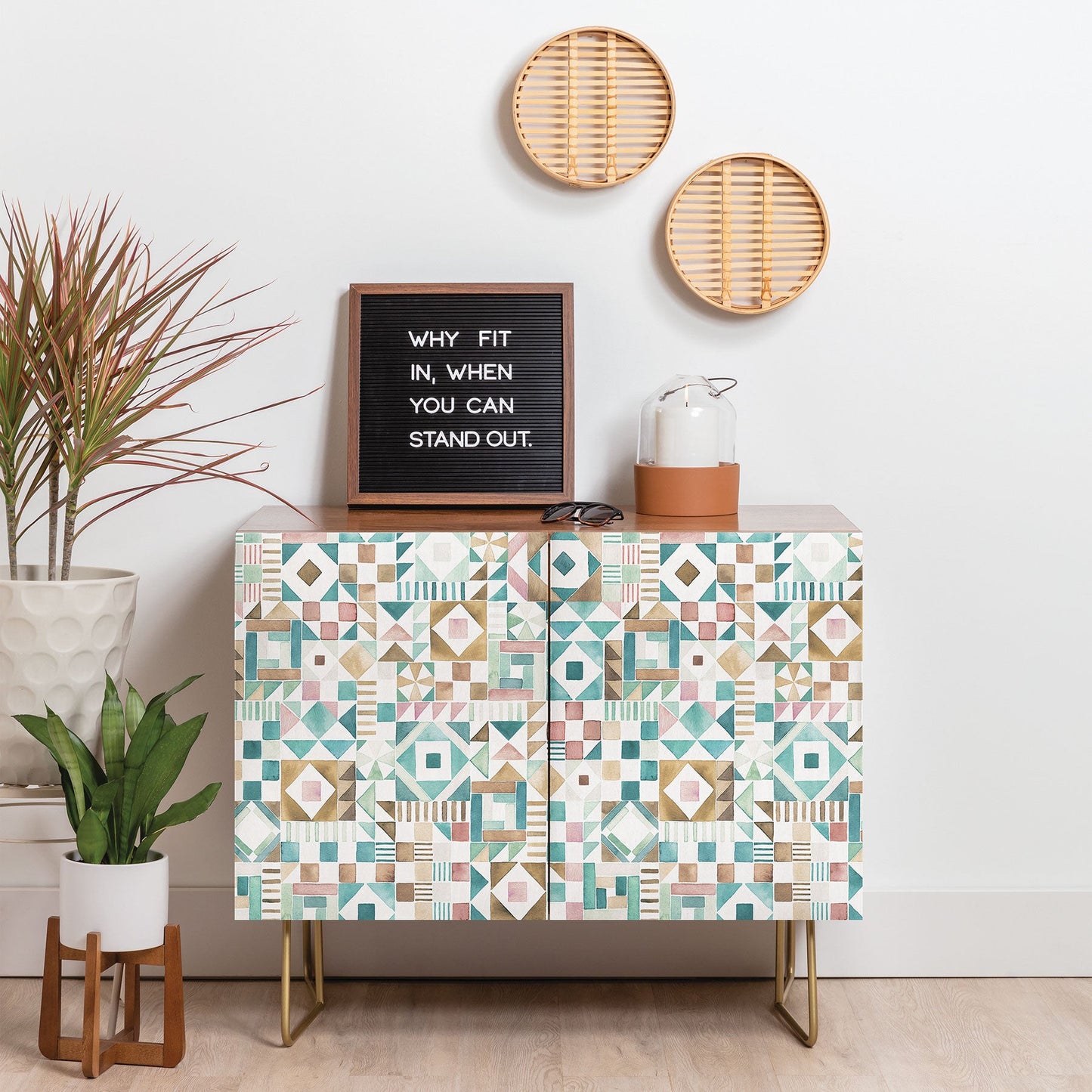 Ninola Design Charming Nostalgia Geometric Tiles Patchwork Aqua Pink Gold Credenza