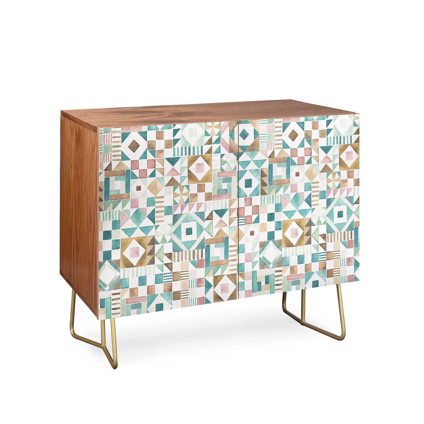 Ninola Design Charming Nostalgia Geometric Tiles Patchwork Aqua Pink Gold Credenza