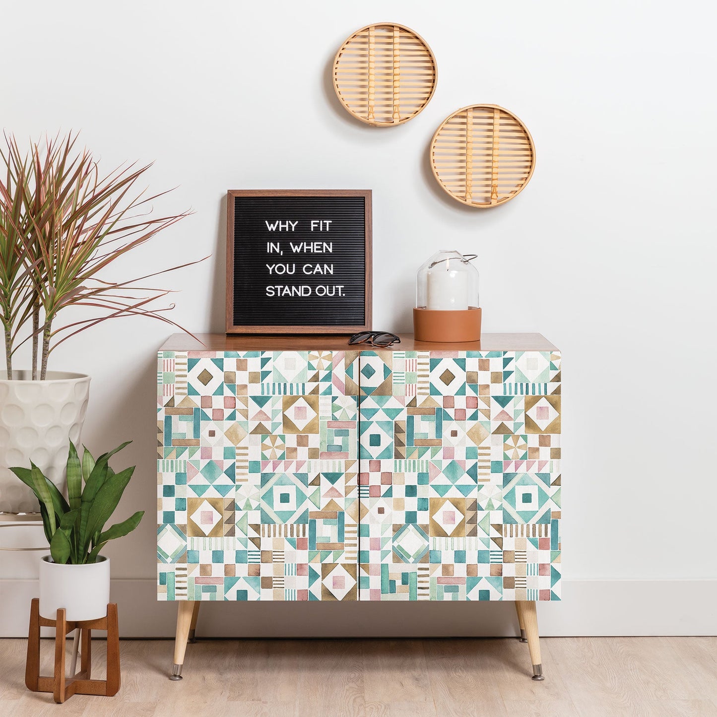 Ninola Design Charming Nostalgia Geometric Tiles Patchwork Aqua Pink Gold Credenza