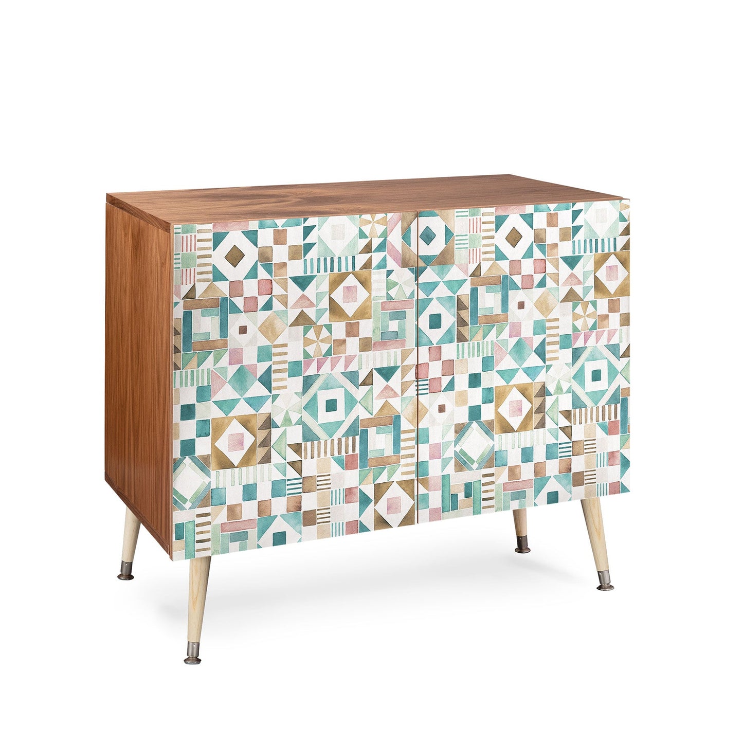 Ninola Design Charming Nostalgia Geometric Tiles Patchwork Aqua Pink Gold Credenza