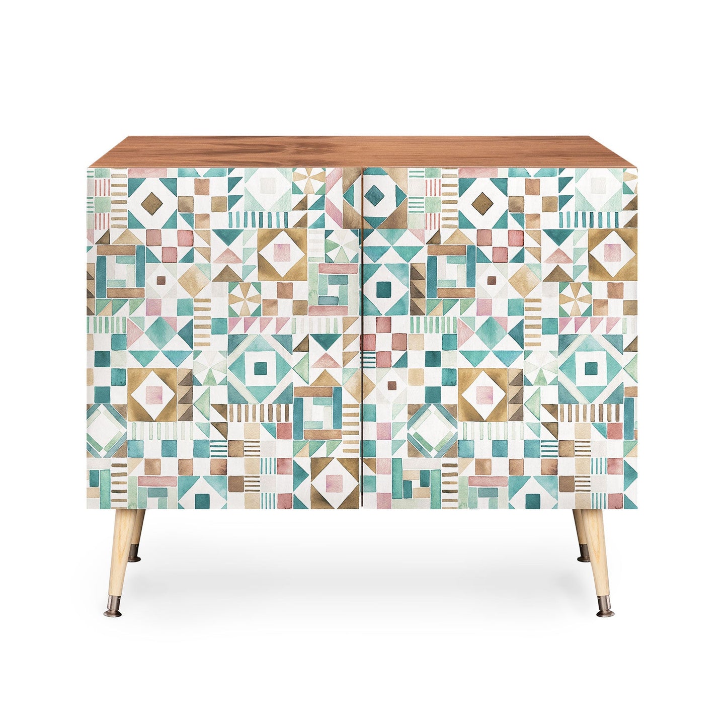 Ninola Design Charming Nostalgia Geometric Tiles Patchwork Aqua Pink Gold Credenza