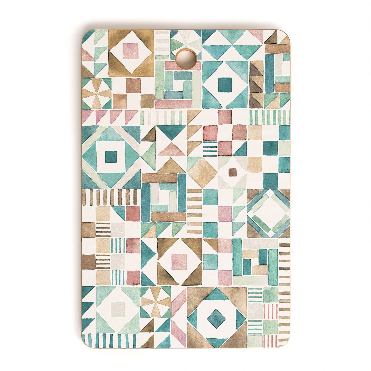 Ninola Design Charming Nostalgia Geometric Tiles Patchwork Aqua Pink Gold Cutting Board Rectangle