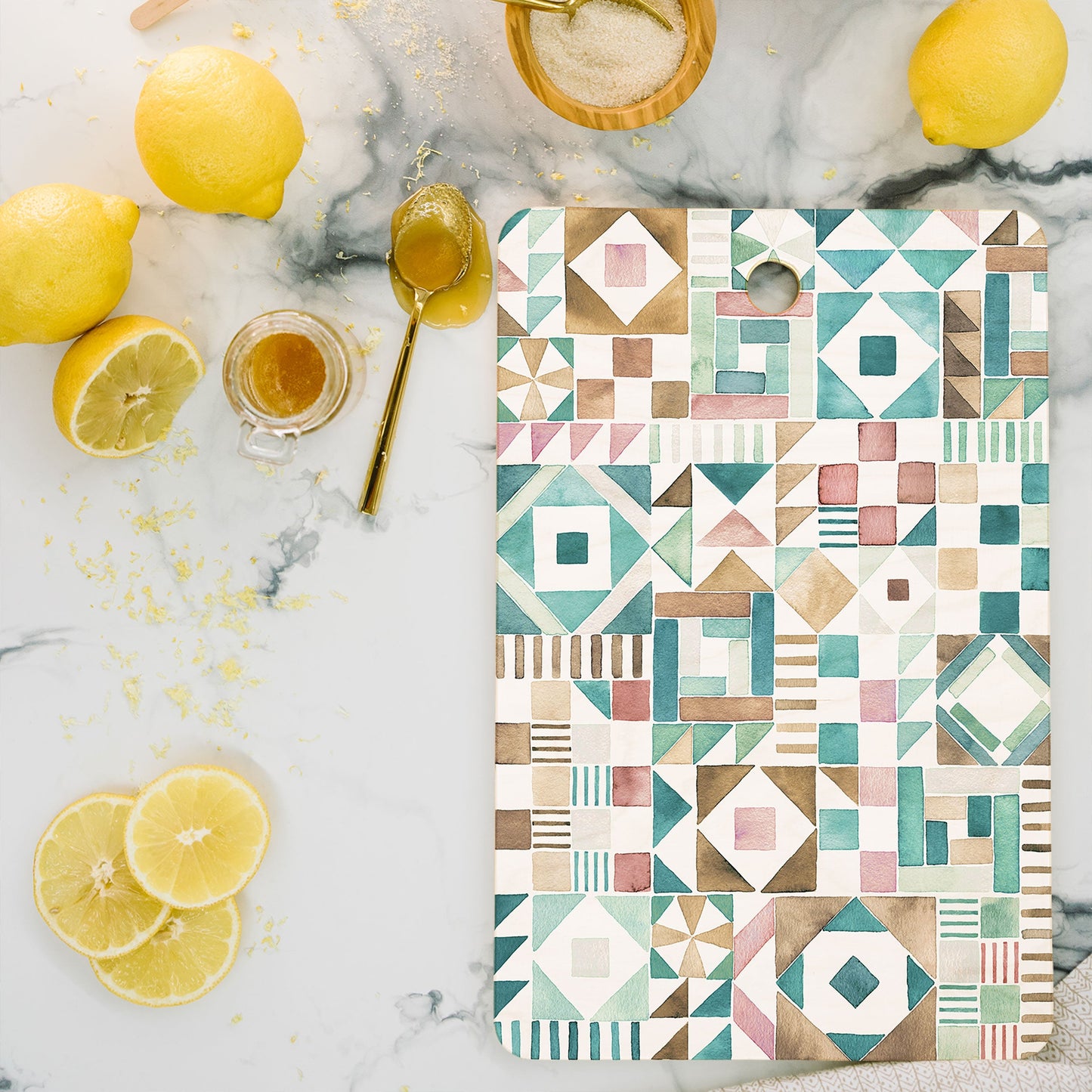Ninola Design Charming Nostalgia Geometric Tiles Patchwork Aqua Pink Gold Cutting Board Rectangle